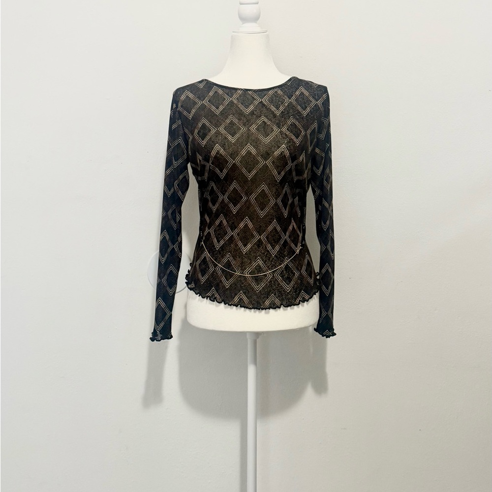 Fitted Vintage Black and Brown Mesh Graphic Long Sleeve Blouse